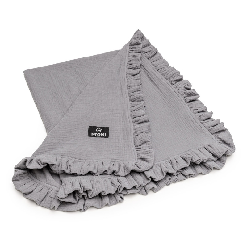 T-TOMI Muslin blanket with ruffles Grey